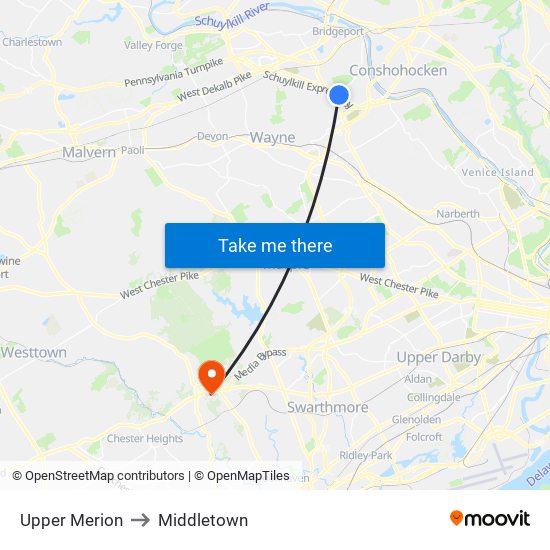 Upper Merion to Middletown map