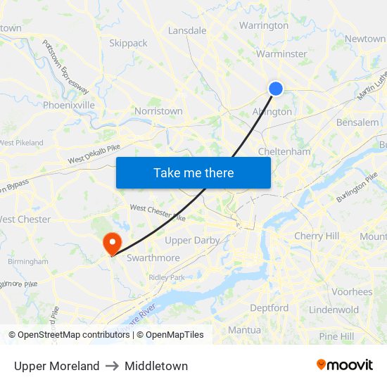 Upper Moreland to Middletown map