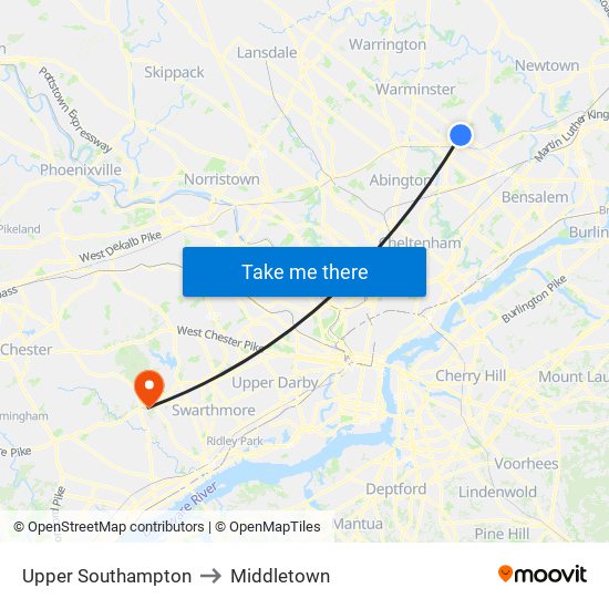Upper Southampton to Middletown map