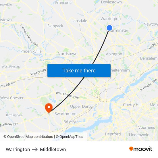 Warrington to Middletown map