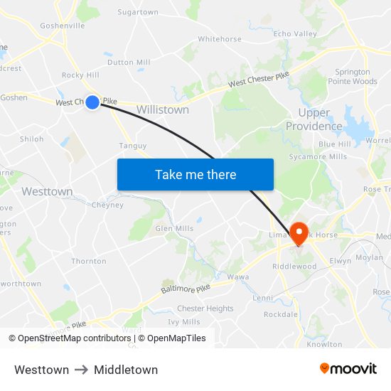 Westtown to Middletown map