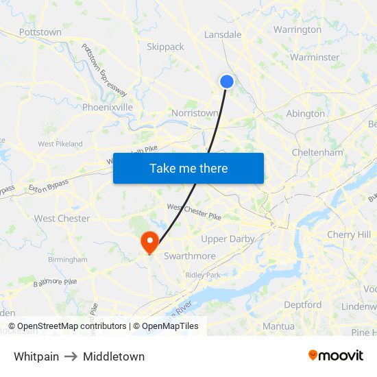 Whitpain to Middletown map