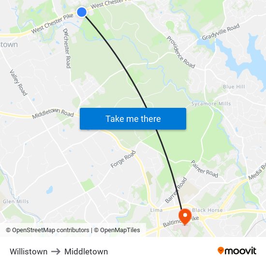 Willistown to Middletown map