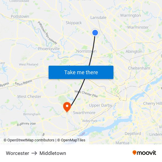 Worcester to Middletown map
