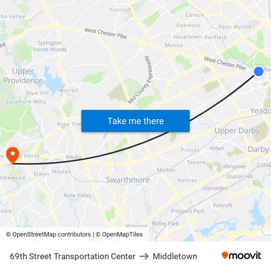 69th Street Transportation Center to Middletown map