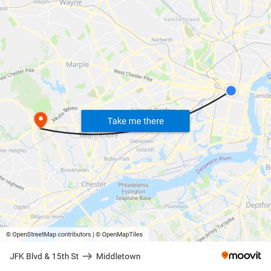 JFK Blvd & 15th St to Middletown map
