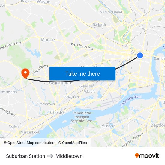Suburban Station to Middletown map