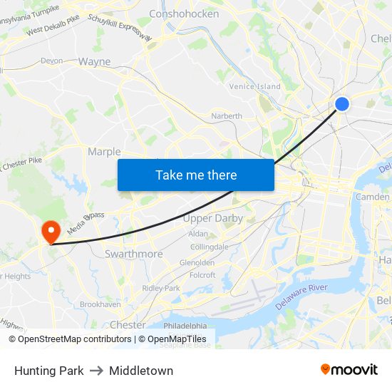 Hunting Park to Middletown map