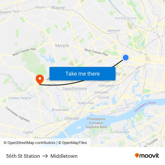 56th St Station to Middletown map