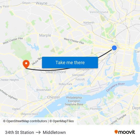 34th St Station to Middletown map