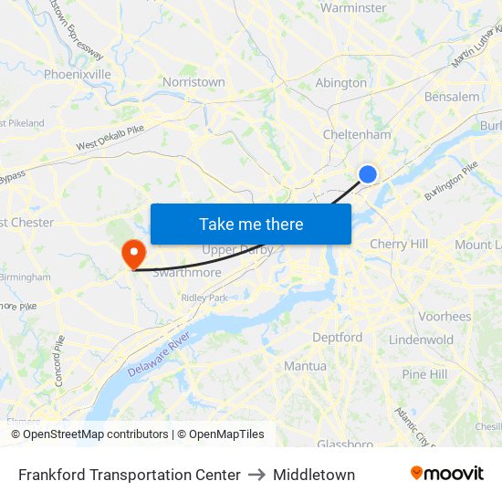 Frankford Transportation Center to Middletown map