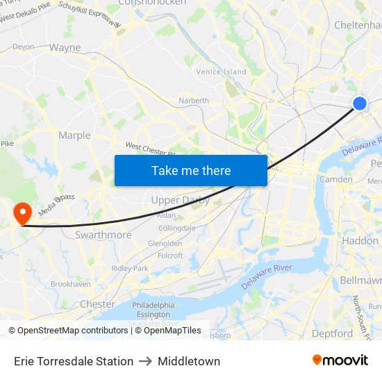 Erie Torresdale Station to Middletown map