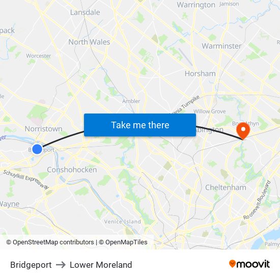 Bridgeport to Lower Moreland map