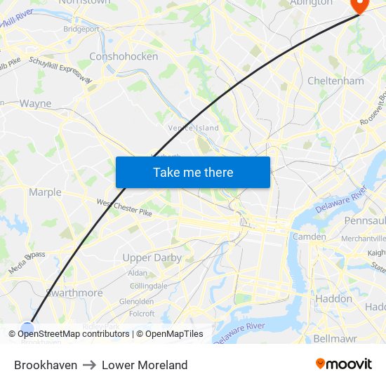 Brookhaven to Lower Moreland map