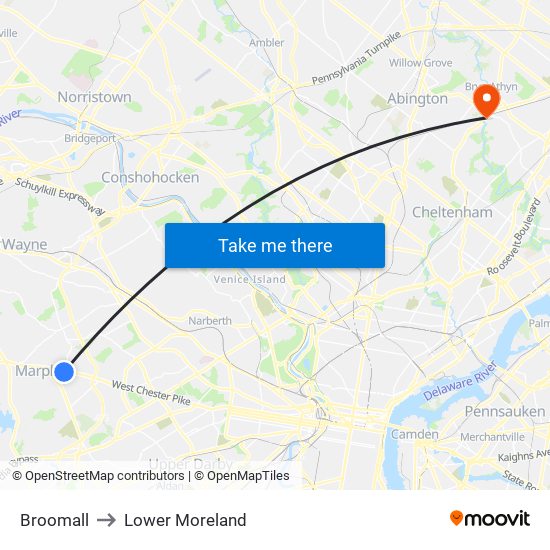Broomall to Lower Moreland map