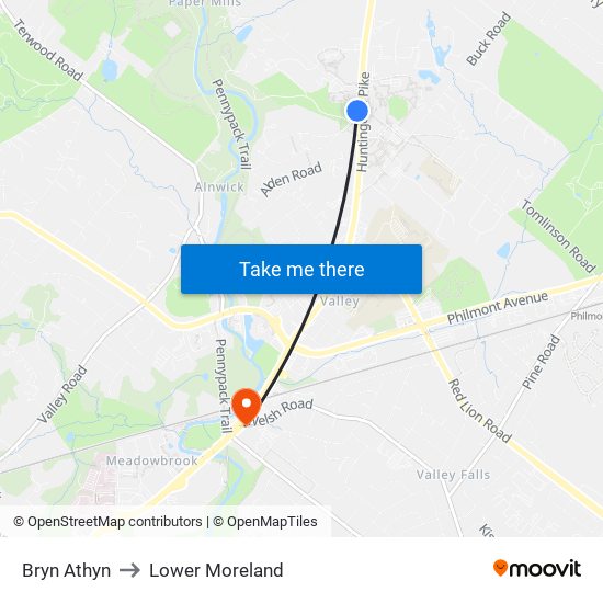 Bryn Athyn to Lower Moreland map