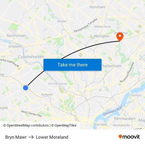 Bryn Mawr to Lower Moreland map