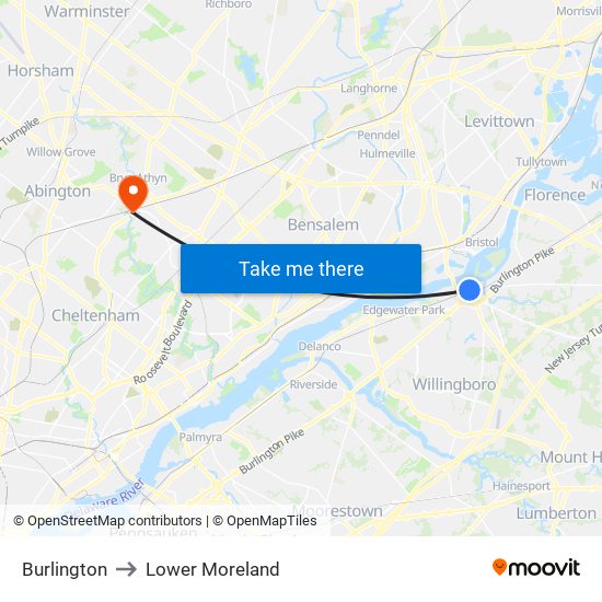 Burlington to Lower Moreland map