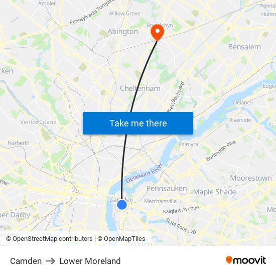 Camden to Lower Moreland map