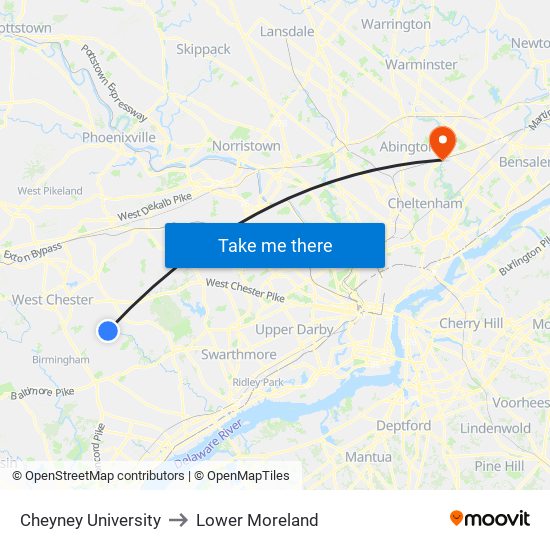 Cheyney University to Lower Moreland map