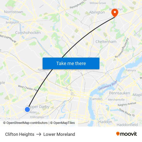 Clifton Heights to Lower Moreland map