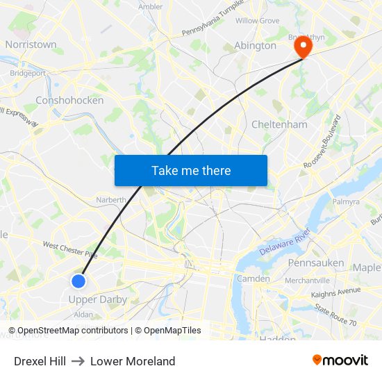 Drexel Hill to Lower Moreland map