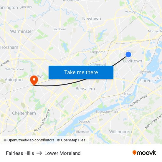 Fairless Hills to Lower Moreland map