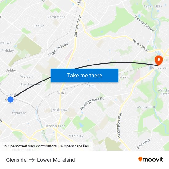 Glenside to Lower Moreland map