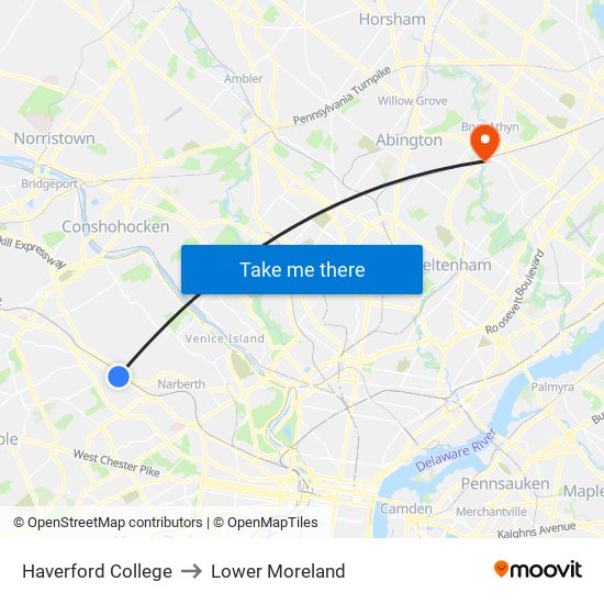 Haverford College to Lower Moreland map