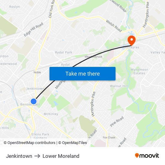 Jenkintown to Lower Moreland map