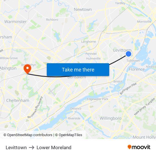 Levittown to Lower Moreland map