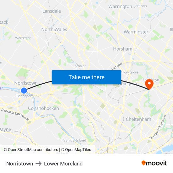 Norristown to Lower Moreland map