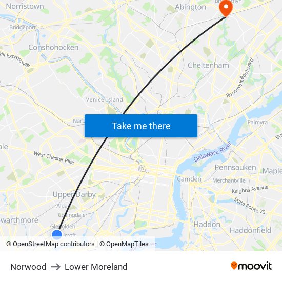 Norwood to Lower Moreland map