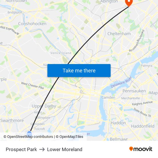 Prospect Park to Lower Moreland map