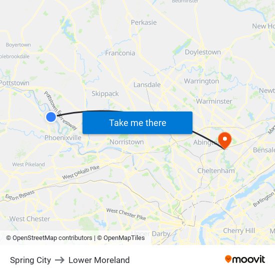 Spring City to Lower Moreland map