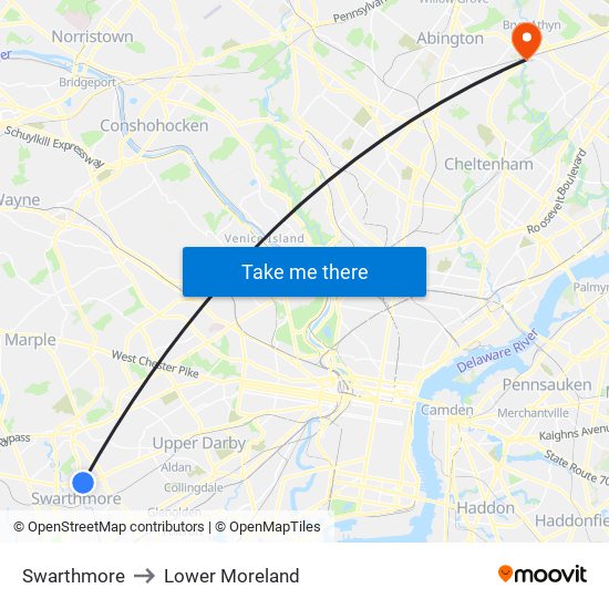 Swarthmore to Lower Moreland map