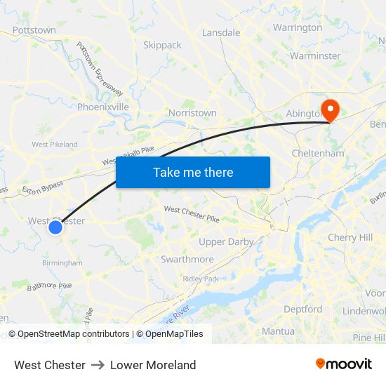 West Chester to Lower Moreland map