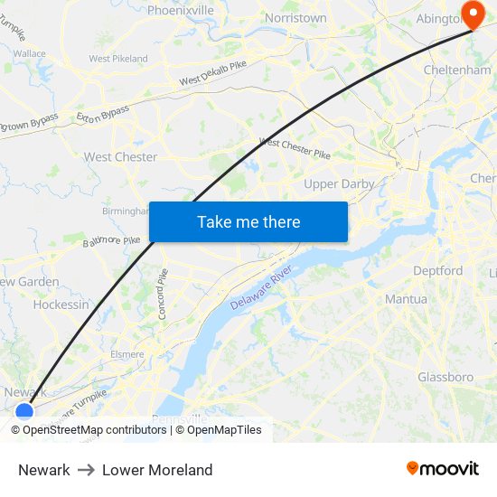 Newark to Lower Moreland map