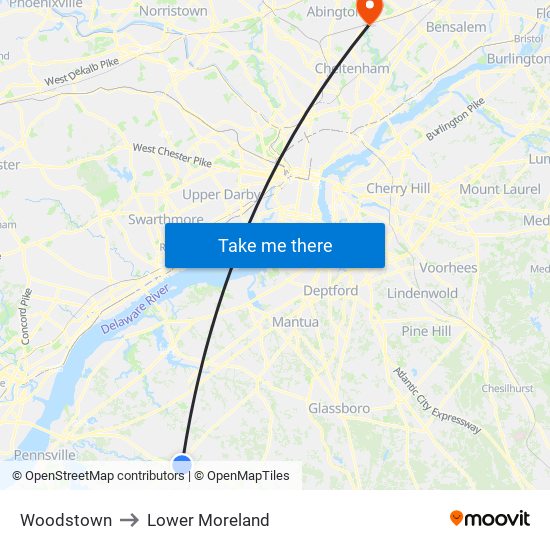 Woodstown to Lower Moreland map