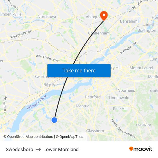 Swedesboro to Lower Moreland map