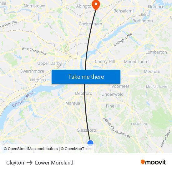 Clayton to Lower Moreland map
