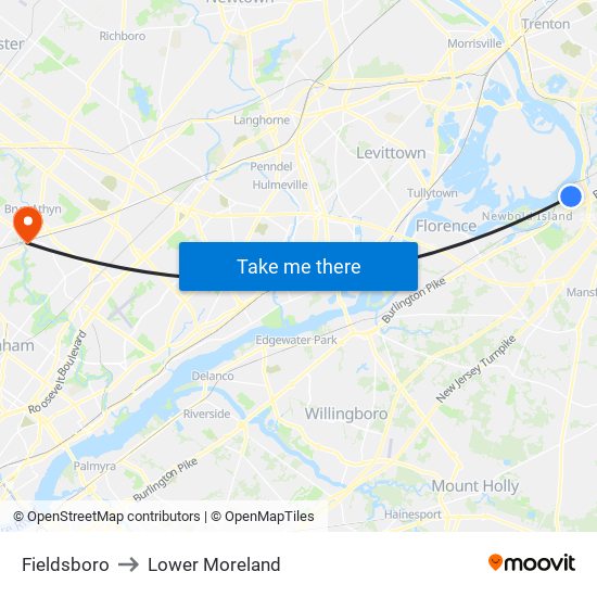 Fieldsboro to Lower Moreland map