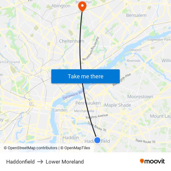 Haddonfield to Lower Moreland map
