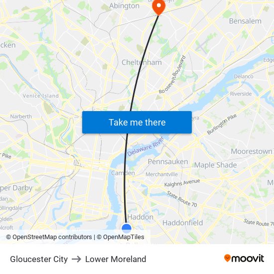 Gloucester City to Lower Moreland map