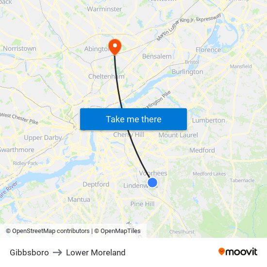 Gibbsboro to Lower Moreland map