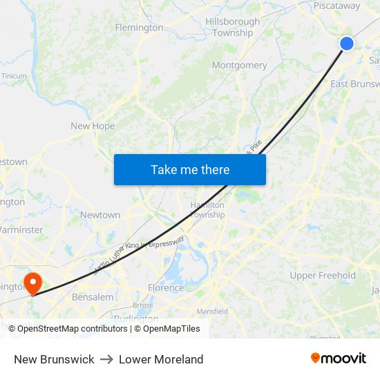 New Brunswick to Lower Moreland map