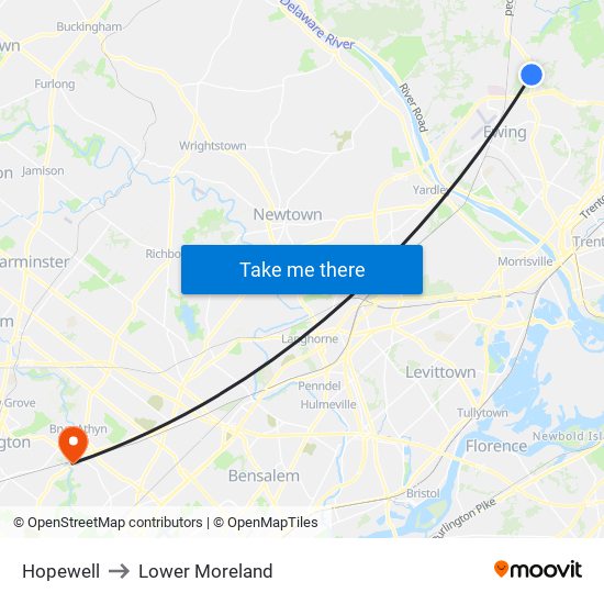 Hopewell to Lower Moreland map