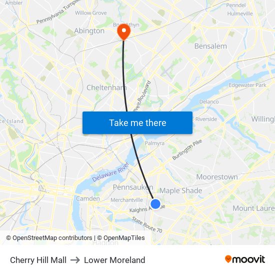 Cherry Hill Mall to Lower Moreland map