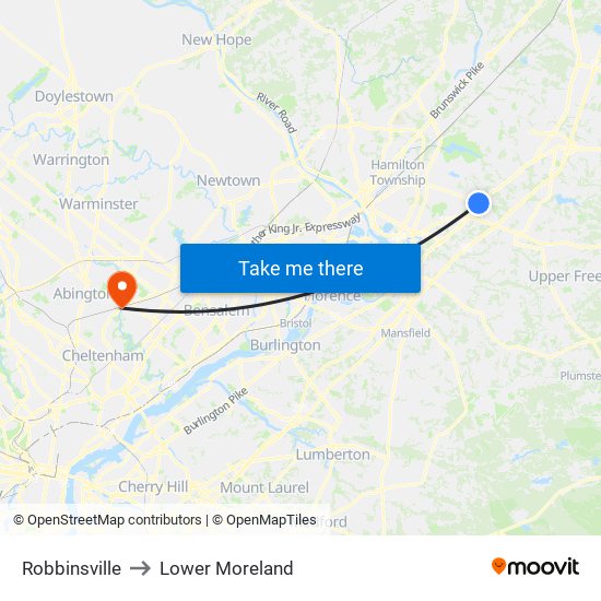 Robbinsville to Lower Moreland map