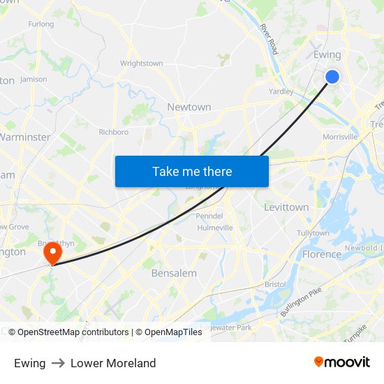 Ewing to Lower Moreland map